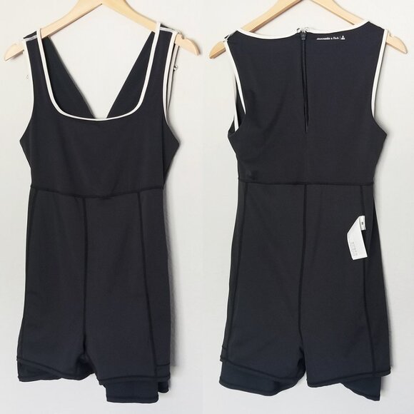 Abercrombie & Fitch Squareneck Traveler Mini Dress M Black White Trim Athleisure - Picture 14 of 16